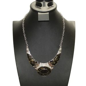 Silver Tone Black Enamel Textured Swirl Designs Necklace